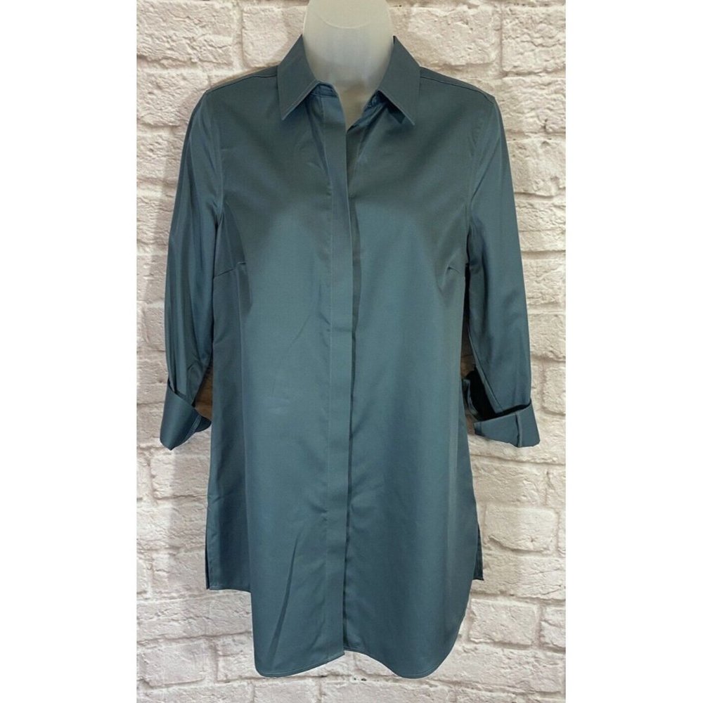 NEW CHICOS Wrinkle Resistant Tunic Top Locklyn Shirt 0‎ (S) Blue Roll Tab 9537